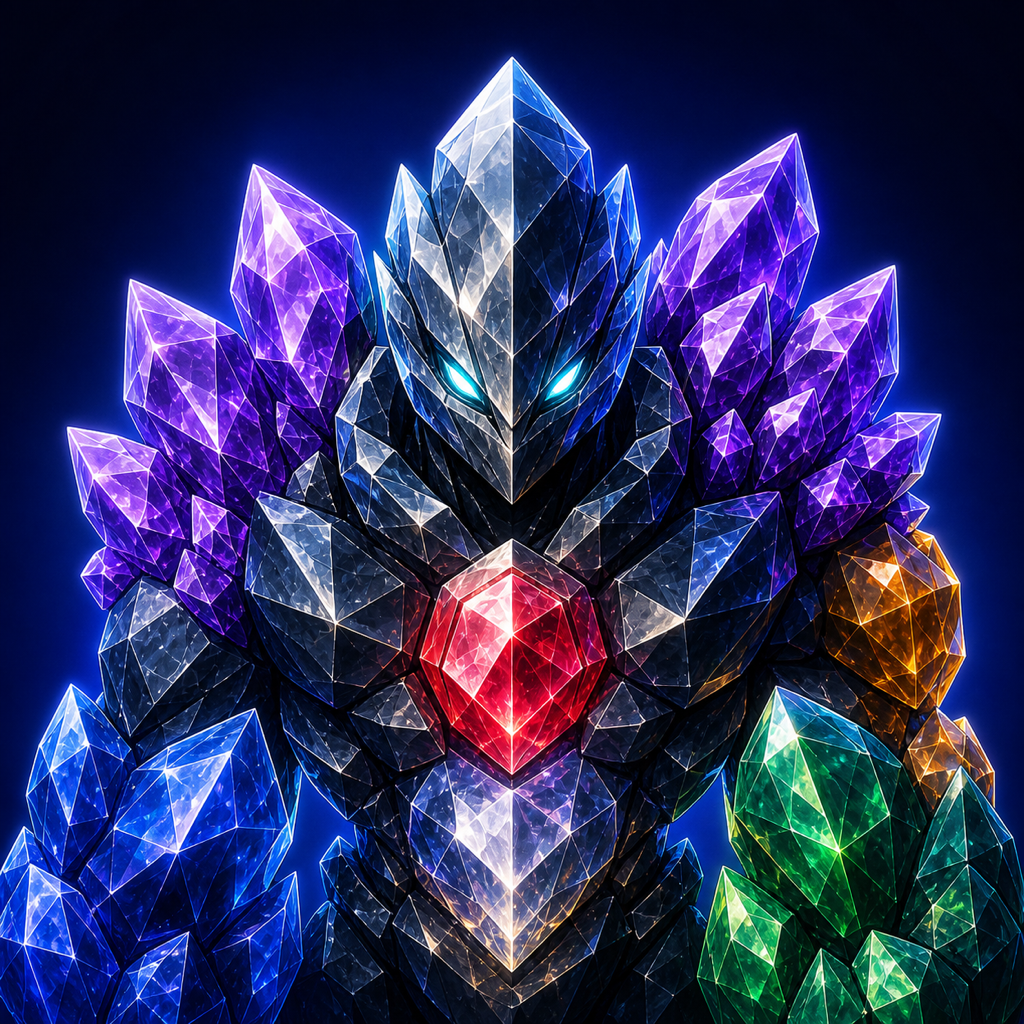 Crystallin, a dark gemstone champion with glowing ruby, sapphire, emerald, amethyst, diamond, and topaz regions